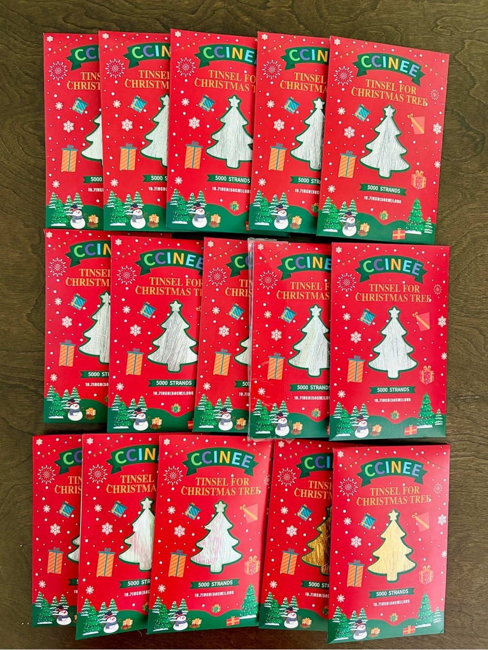 Lot of 15 NEW CCINEE Christmas Tree Tinsel Packets Variety Mix Silver White Gold